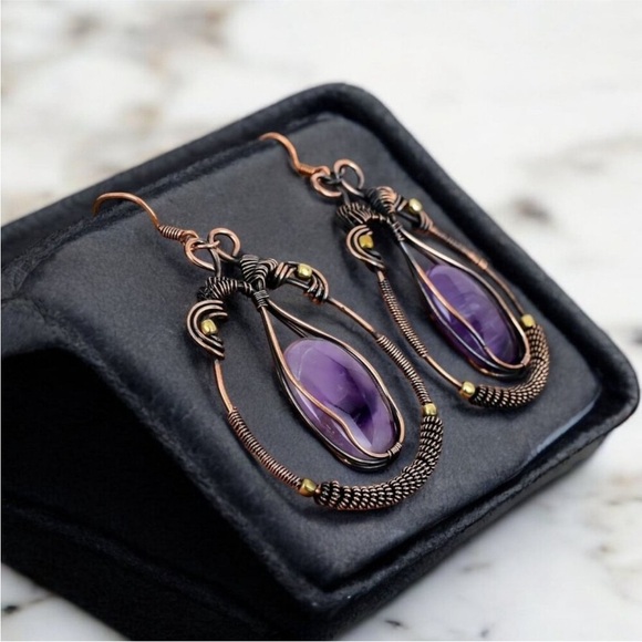 Star Amethyst Handmade Copper Wire Wrapped Earrings Jewelry - Picture 3 of 6
